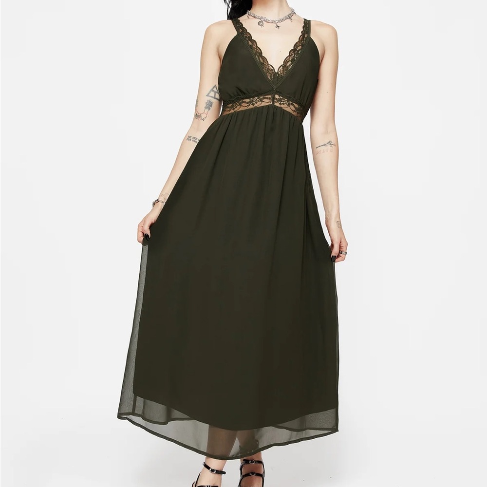 Lace-Trim Olive Green Maxi Dress